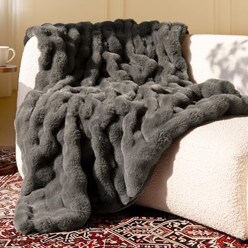 Ultra Soft Cozy Faux Fur Throw Blanket-Fuzzy Plush Thick Bubble Blanket, Fluffy Blanket for Couch, Sofa, Bedroom, and Living Room, 50x60 Inches, Dark Grey Taupe by blunique