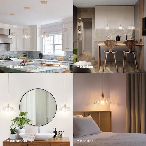 Shenmoyl Pendant Light with Clear Scindapsus Glass Lmapshade, Brass Vintage Pendant Light Adjustable Hanging Light for Kitchen Island Dining Room Hallway - Image 3