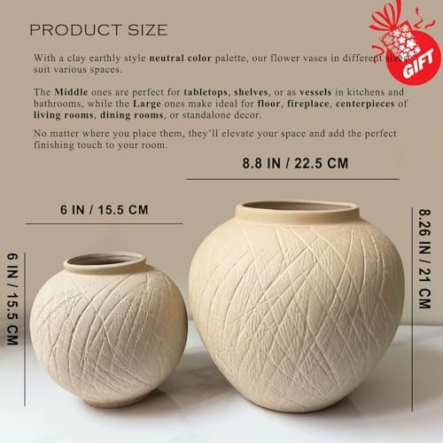 Rustic Ceramic Vintage Farmhouse Vase for Decor (Large Carved Beige) - Image 3