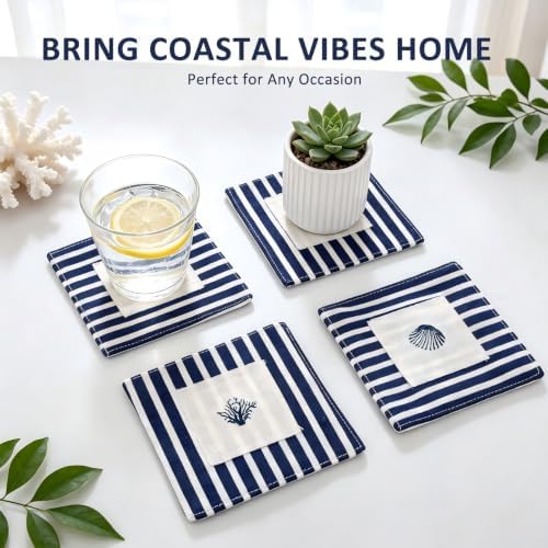 Coastal Cloth Coasters for Drinks, Rustic Navy Blue Stripe, 4PCS - Image 4