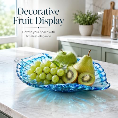 Hand Blown Glass Seashell Fruit Bowl,Gradient Decorative Glass Bowl for Kitchen Countertop,Coastal Seashell Serving Tray for Fruit Snacks,Art Table Centerpiece for Beach House Kitchen Decor (Blue) - Image 5