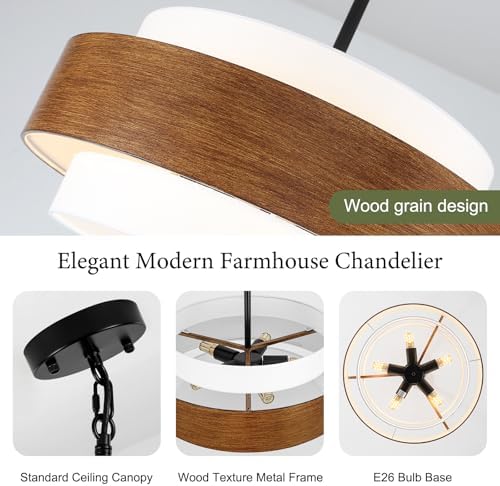 20'' Farmhouse Chandelier, 5-Light Drum Chandelier Round Pendant Light Fixture with Fabric Shade, Wood Grain Rustic Chandeliers for Dining Room Bedroom Living Room Foyer Entryway - Image 6