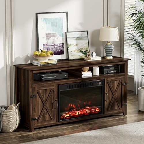 YESHOMY Farmhouse Fireplace TV Stand for Television up to 65+ Inch, Walnut - Image 2