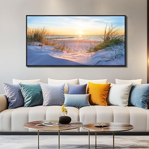 MHARTK66 Canvas Wall Art For Living Room Large Wall Decor For Office Bedroom Poster Art Prints Sun Seascape Wall Painting Blue Ocean Pictures Artwork For Walls Black Wood Framed 24" X 48" - Image 2