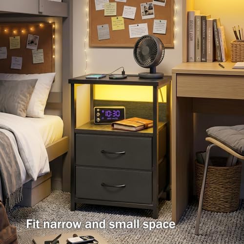 Fixwal Night Stand with Charging Station, Black Led Nightstand, 2 Drawers - Image 2