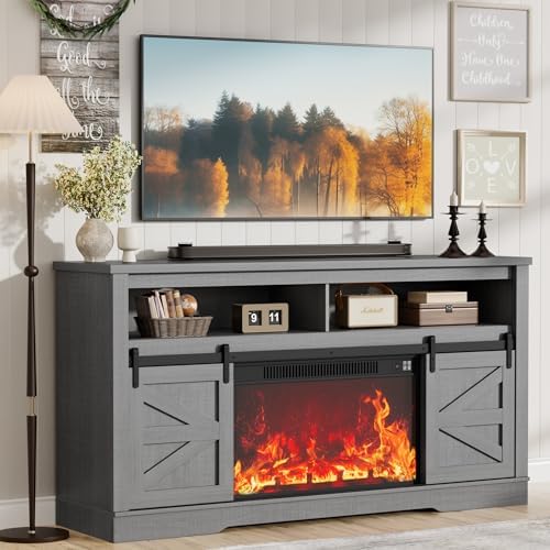JUMMICO Fireplace TV Stand for 65 Inch TV with 26'' Fireplace (Pale Gray) - Image 2