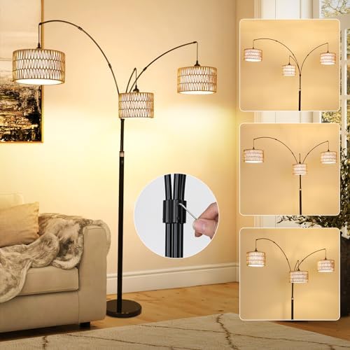 Black Arc Floor Lamps for Living Room, Farmhouse Boho Floor Lamp for Bedroom, Industrial Standing Lamp for Office, Dimmable Tall Lamp with Rattan Lampshades, Reading Arched Light - Image 3
