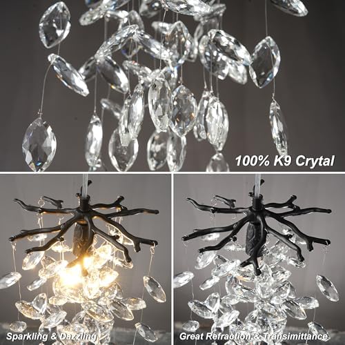 8.3" Black Crystal Pendant Light for Kitchen Island, Modern Tree Branch Chandeliers, Luxury Round Raindrop Chandelier Pendant Lights Fixture for Dining Room, Living Room, Bedroom, Foyer, Entryway - Image 4