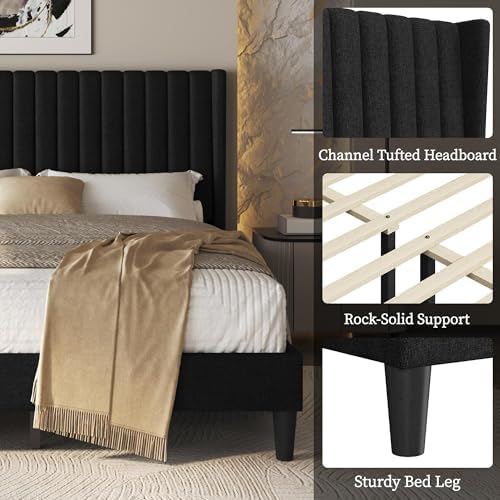 Yaheetech Queen Bed Frame with Headboard, Black Channel-Tufted Platform - Image 4