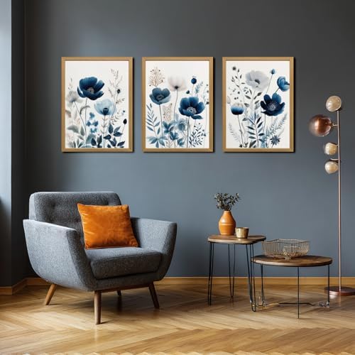 LLEEMPI Navy Blue Floral Wall Art Set of 3, 12x16 Wood Framed Canvas Prints - Image 2