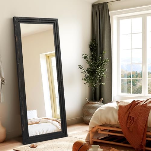 58x22in Full Length Mirror, 3-Tier Stepped Solid Wood Frame, Black - Image 5