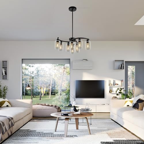 CNRATYE 9-Light Black Modern Chandeliers for Dining Room, Adjustable Height Farmhouse Kitchen Island Lighting, Industrial Hanging Light Fixtures for Living Room Bedroom, Clear Glass Shade - Image 4