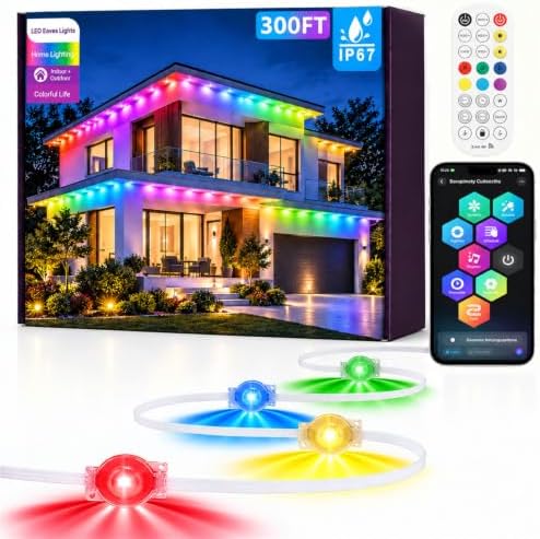 300Ft Permanent Outdoor Lights, RGB+IC Smart LED Eave Lighting with App/Remote Control,IP67 Waterproof,16 Million Colors,Scene Modes, DIY Music Sync, for Christmas, Holiday & Party Decor by Sxlofty