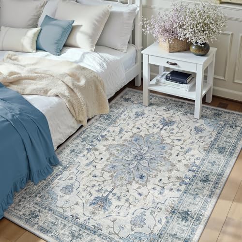 RELEANY Washable Area Rug, 4'x6', Blue/White/Gray - Image 3