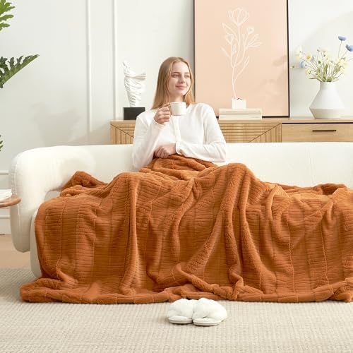 Amélie Home Luxury Striped Faux Fur Throw Blanket for Bed Queen Size, Soft Cozy Fuzzy Fluffy Plush Gift Blankets for Women, 88"x90", Brown by Am%C3%A9lieHome