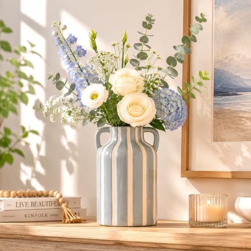 SURE YUESI Grey Ceramic Vase with Handles, Modern Farmhouse Striped Decorative Vase, 9.1" Art Deco Tall Flower Vases for Pampas Grass, Shelf Decor, Dining Table Centerpiece, Living Room Home Decor - Image 2