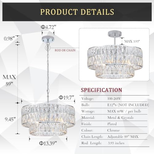 CATINER Chrome Crystal Chandelier 20" 6-Light Modern Semi Flush Pendant - Image 3