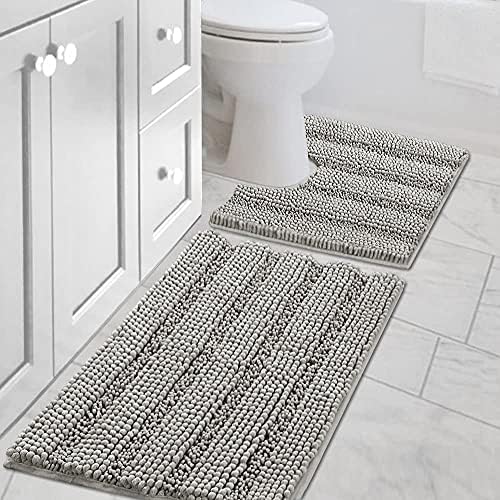 H.VERSAILTEX Bathroom Rugs Bath Rug Set 2 Piece Bathroom Contour Rug Toilet Mat Sets Non Slip Contour Bath Rug Ultra Thick Water Absorbent Striped Bath Mats Washable(20" x 32" Plus 20" x 20" U, Dove) by HVERSAILTEX