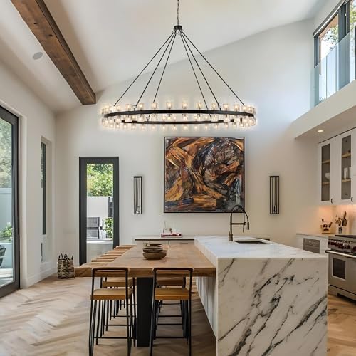 70 Inch Black Wagon Wheel Chandelier with Crystal Shade, 72 Lights, Modern Farmhouse Style, Ideal for Dining Room, Kitchen, Entryways - Image 3