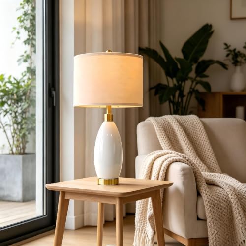 USumkky 24" White Oval Ceramic Table Lamp Set of 2, Modern Minimalist Bedside Nightstand Lamps for Bedroom Living Room, Linen Shade & Gold Metal Base, Rotary Switch E26 (Bulbs Excluded) - Image 3