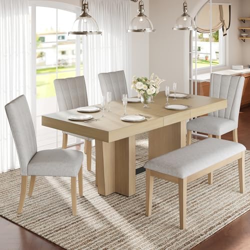 6-Piece Farmhouse Functional Dining Set, Rubber Wood Extendable Dining Table with 4 Upholstered Chairs& Bench, Thick Tabletop and Trestle Legs, Rectangular Dining Room Table Set for 6 (Natural-7.2) - Image 2