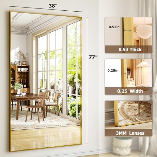 Easly Full Length Mirror with Stand 38"x77" Full Body Mirror Floor Mirror Standing Hanging or Leaning Wall, Wall Mirror with Stand Aluminum Alloy Frame for Living Room Bedroom Cloakroom,Gold - Image 5