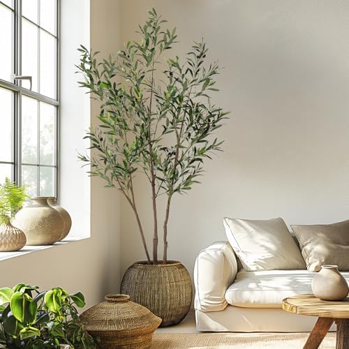 Erimda 6FT Artificial Olive Tree Tall Faux Silk Plant Tall Faux Olive Tree with Natural Wood Trunk & Lifelike Fruits Fake Potted Tree or Home Office Decor - Image 5
