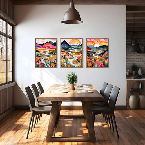 Floating Framed Boho Colorful Wall Art, Abstract Watercolor Mountain Landscape Wall Decor Painting Set of 3, Modern Flower Aesthetic Posters Prints for Living Room Bathroom Bedroom 12x16 Inch - Image 5