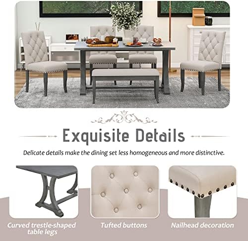 Rustic 6-Piece Dining Table Set with Rectangular Trestle Table and 4 Upholstered Chairs & Bench, Solid Wood Kitchen Dining Table Set for 6, Tufted Buttons Nailhead Decoration (Antique Gray-31) - Image 5