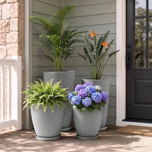 ZMTECH 4 Pack Plastic Planters 21/18/12/10in, Indoor Outdoor Round Planter for Porch, Large Plant Pot with Drainage Hole for Home Garden Front Door, Modern Decorative Pots for Plants (Light Gray) - Image 4