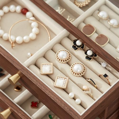 CHOSIN Black Walnut Jewelry Box for Women, 4-Layer Wooden Organizer with Glass Lid, for Watches, Necklaces, Rings & Earrings Storage Christmas Gifts - Image 3