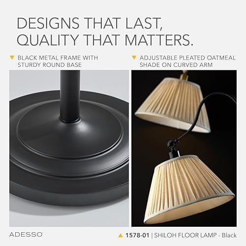Adesso Floor Lamp, Black & Oatmeal, Pleated Shade, Curved Arm, 63” - Image 4