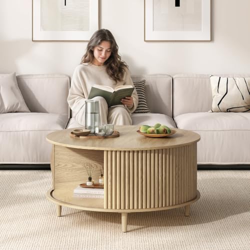 JOINICE 31.5" Round Coffee Table with Storage for Living Room, Natural Oak - Image 5