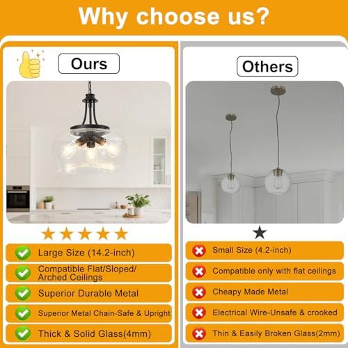 Modern Pendant Lights Kitchen Island, 3-Light Black Pendant Light Fixtures with 14.2" Clear Air Bubble Glass Shade, Industrial Hanging Pendant Lights Fixture for Kitchen Island, Dining Room, Entryway - Image 2