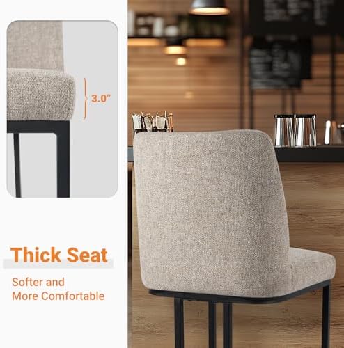 Counter Height Bar Stools Set of 2, 24 Inch Seat Height Bar Chairs for Kitchen Island, Linen Fabric Upholstered Barstools with Metal Feet for Dining Room, Sand Color - Image 4
