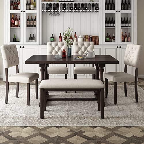 Retro 6-Piece Kitchen Dining Table Set with Comfortable Upholstery Chairs and Bench, Solid Wood Dining Table with Special-Shaped Legs, Suitable for Family Use (Espresso-Comfort) - Image 2
