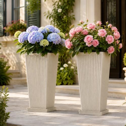 NicBex 24" Tall Planters for Outdoor Plants Set of 2 Square Fluted,Beige by NicBex
