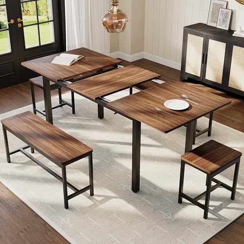 GarveeHome 5-Piece Dining Table Set for 4-8 People, 63 in Large Extendable Kitchen Table Set with 2 Benches and 2 Square Stools, Modern Dining Room Furniture Sets, Easy Assembly, Espresso - Image 2