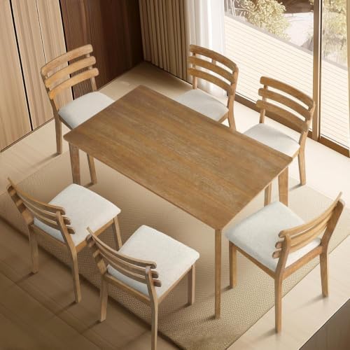 Dining Table Set for 6, Wooden Farmhouse Table, 6 Upholstered Chairs - Image 4