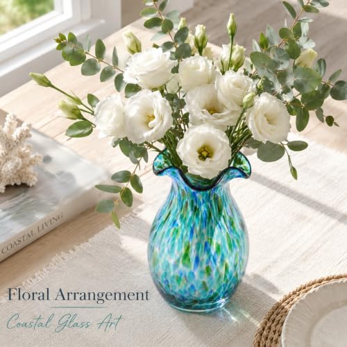 10.6in Hand Blown Blue Glass Vase – Wide Mouth Murano Bubble Art Glass Vase, Cobalt Blue Flower Vase for Coastal, Vintage, Colorful Home Decor, Vase Gift for Mom or Display (Green) - Image 4