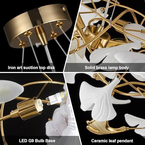 Branch Chandelier Modern Gold Ceramic Ginkgo Leaf Chandeliers L47 Inch Brass Rectangle Chandelier Large Luxury Hanging Lights Fixture for Living Room Dining Room, 6-Light - Image 6