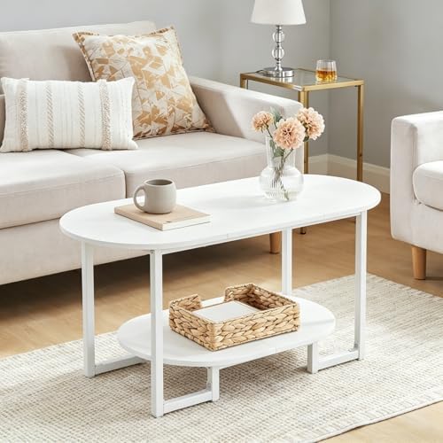 HOOBRO Coffee Table for Living Room, Oval Small Coffee Table with 2-Tier Open Storage Shelf, Industrial Cocktail Tea Table, Wooden Desktop Center Table, Farmhouse, Home Office, White WW09KF01 by HOOBRO