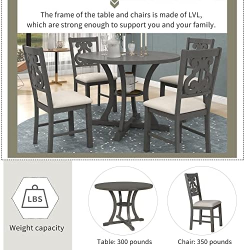 Harper & Bright Designs Retro Style Round Kitchen Dining Table Set for 4, 5 Piece Round Dining Table and 4 Fabric Chairs with Special-Shaped Table Legs and Storage Shelf, Gray - Image 5