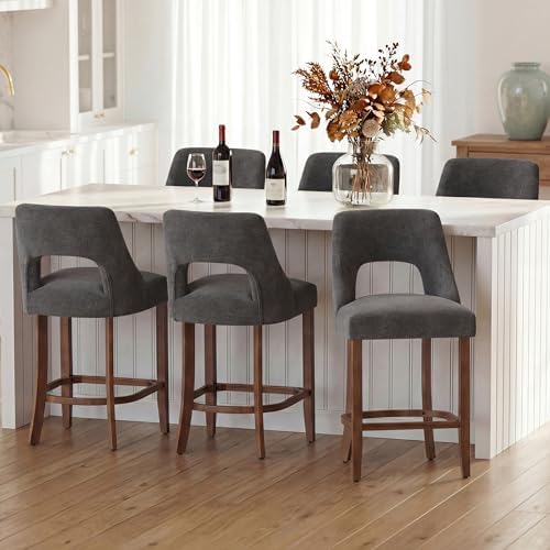 UVV Bar Stools Set of 6, Upholstered Counter Height Bar Stools, Modern Counter Stools with Wood Legs for Kitchen Island Dining Room Bar, Dark Grey by UVVLivetheQualityLife