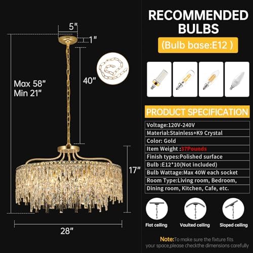 10 Lights Modern Gold Crystal Chandeliers for Dining Room 28" - Image 5