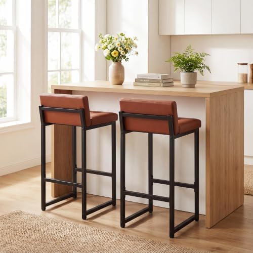 Bar Stools Set of 2, Counter Height Bar Stools Sets with Back, Faux Leather Barstools with Metal Legs and Footrest, Upholstered Bar Chairs for Dining, Kitchen Island, Home Counter, Brown - Image 6