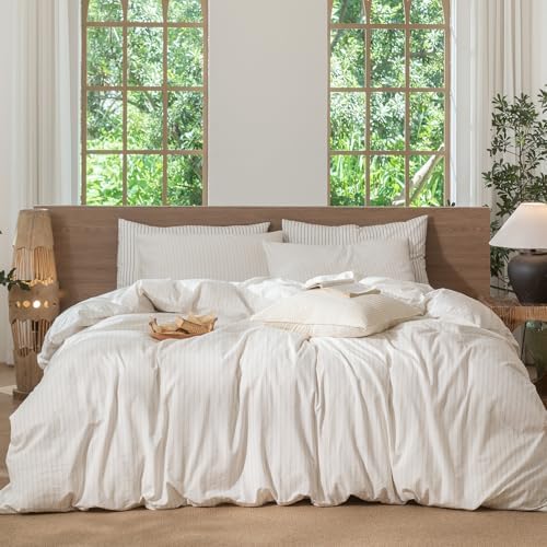 MooMee Striped Duvet Cover Set 100% Washed Cotton Linen Like by MOOMEE