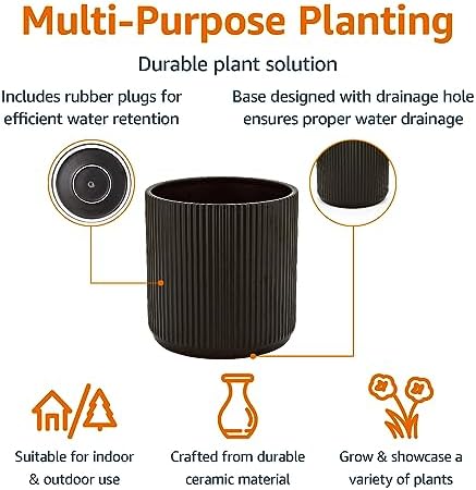 Amazon Basics Fluted Ceramic Planter Pot for Indoor Outdoor Plants, Round Flower Pot with Drainage Hole, 8-inch, Black - Image 2
