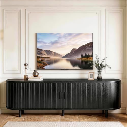 MXV 65" TV Stand with Sliding Doors for Living Room, Mid Century Modern Entertainment Center, TV Console with Fluted Door Cabinets and Power Outlet, Black - Image 7