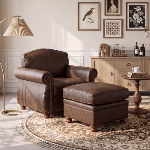 Traditional Faux Leather Chair with Storage Ottoman, 41.3", Dark Brown by LANDASSYHOME
